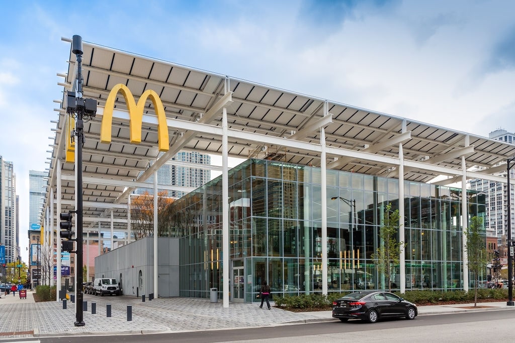 McDonalds Flagship Exterior view with DT lane